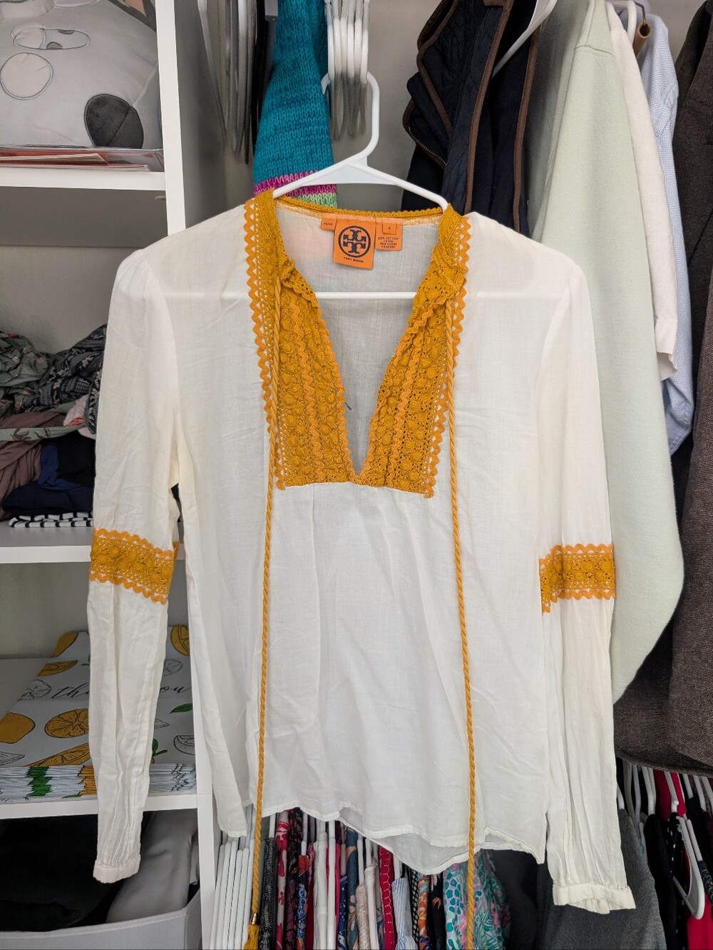 Tory Burch White Top with Mustard Trim and Orange Logo Tag